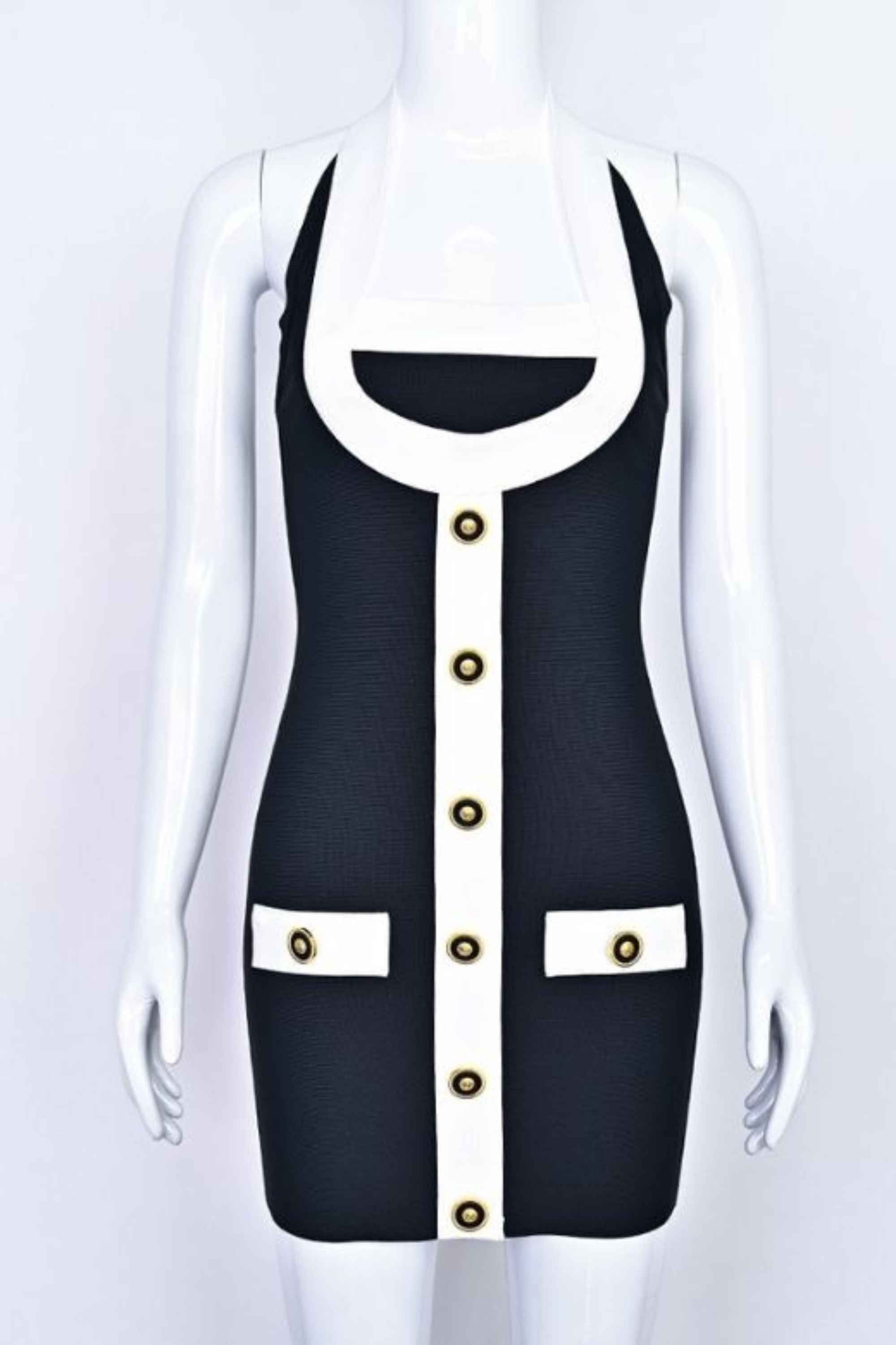Woman wearing a figure flattering  Leone Bandage Mini Dress - Classic Black BODYCON COLLECTION Pty Ltd