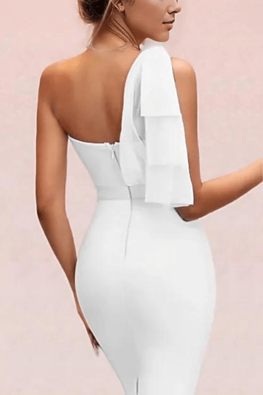 Woman wearing a figure flattering  Lesley Bandage Dress - Pearl White BODYCON COLLECTION