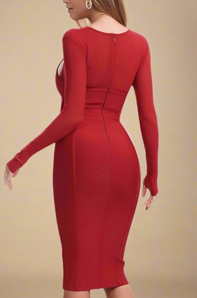 Woman wearing a figure flattering  Lexi Bodycon Midi Dress - Red Wine BODYCON COLLECTION