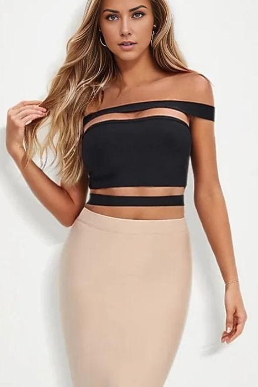 Woman wearing a figure flattering  Lexia Bandage Crop Top - Pearl White BODYCON COLLECTION