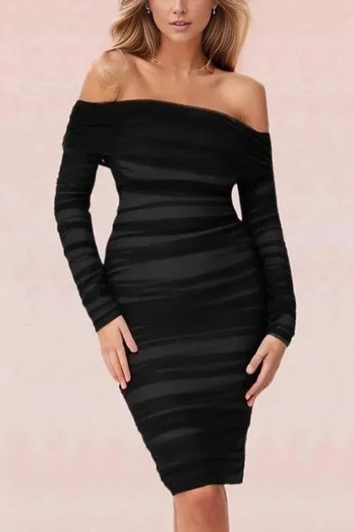 Woman wearing a figure flattering  Lila Bodycon Wrap Long Sleeve Dress - Classic Black BODYCON COLLECTION