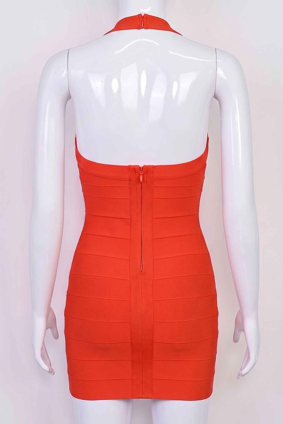 Woman wearing a figure flattering  Lillian Bandage Mini Dress - Lipstick Red BODYCON COLLECTION Pty Ltd