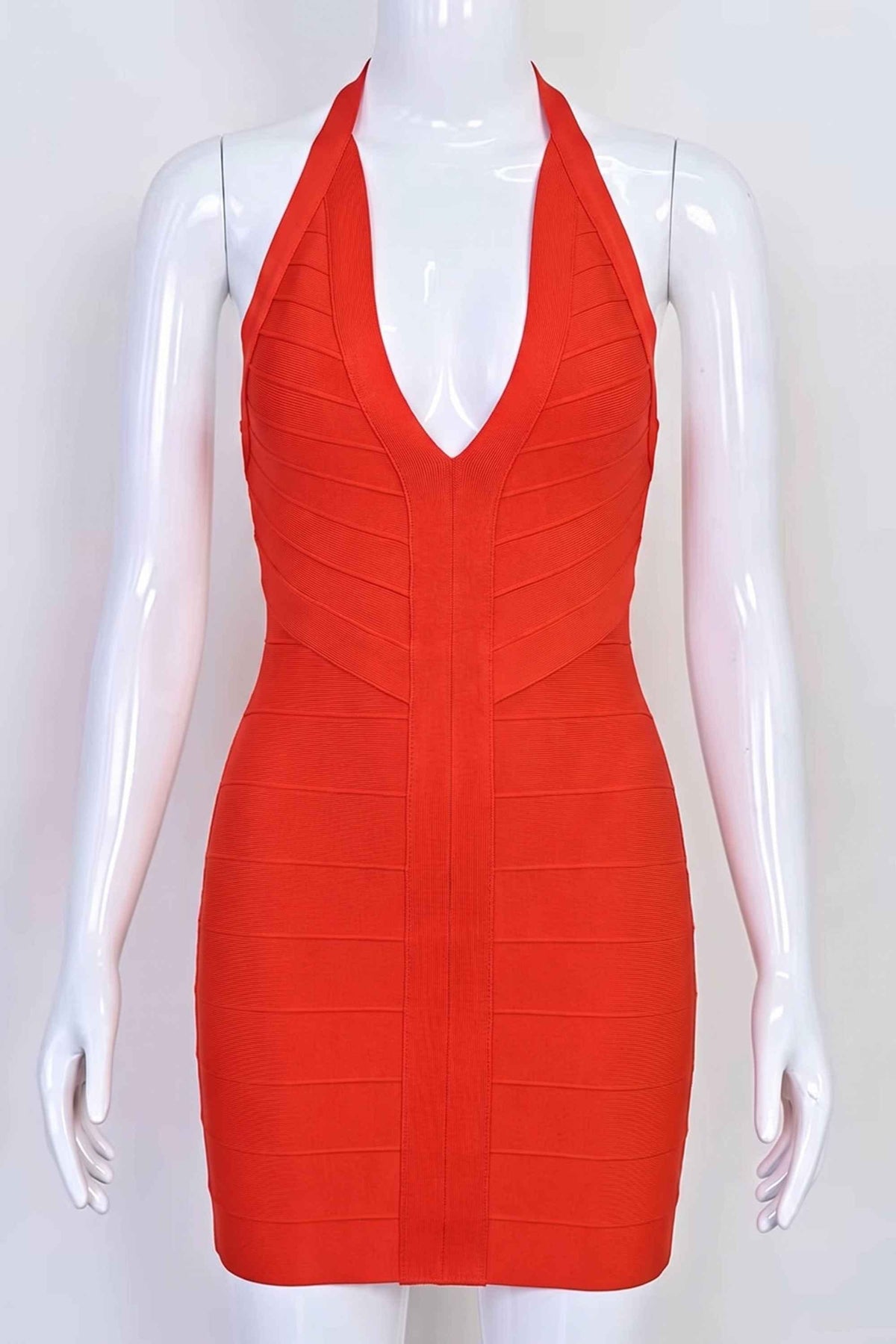 Woman wearing a figure flattering  Lillian Bandage Mini Dress - Lipstick Red BODYCON COLLECTION Pty Ltd