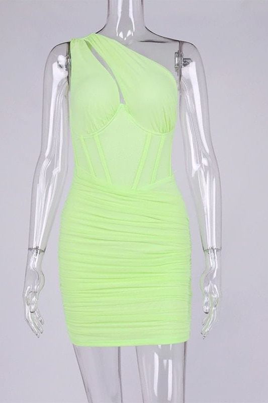 Woman wearing a figure flattering  Lily Bodycon Wrap Mini Dress - Neon Green BODYCON COLLECTION