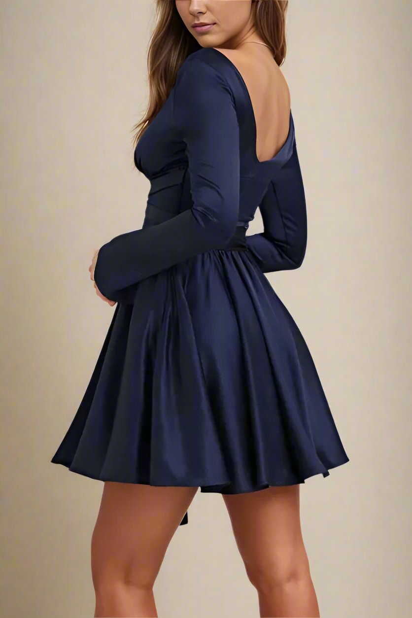 Woman wearing a figure flattering  Lily Long Sleeve Bodycon Mini Dress - Navy Blue BODYCON COLLECTION