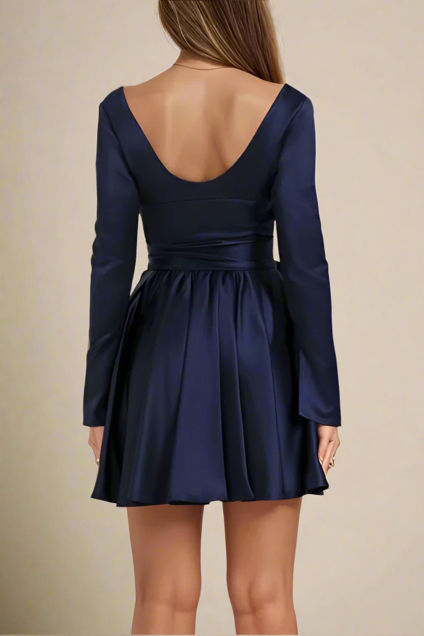 Woman wearing a figure flattering  Lily Long Sleeve Bodycon Mini Dress - Navy Blue BODYCON COLLECTION