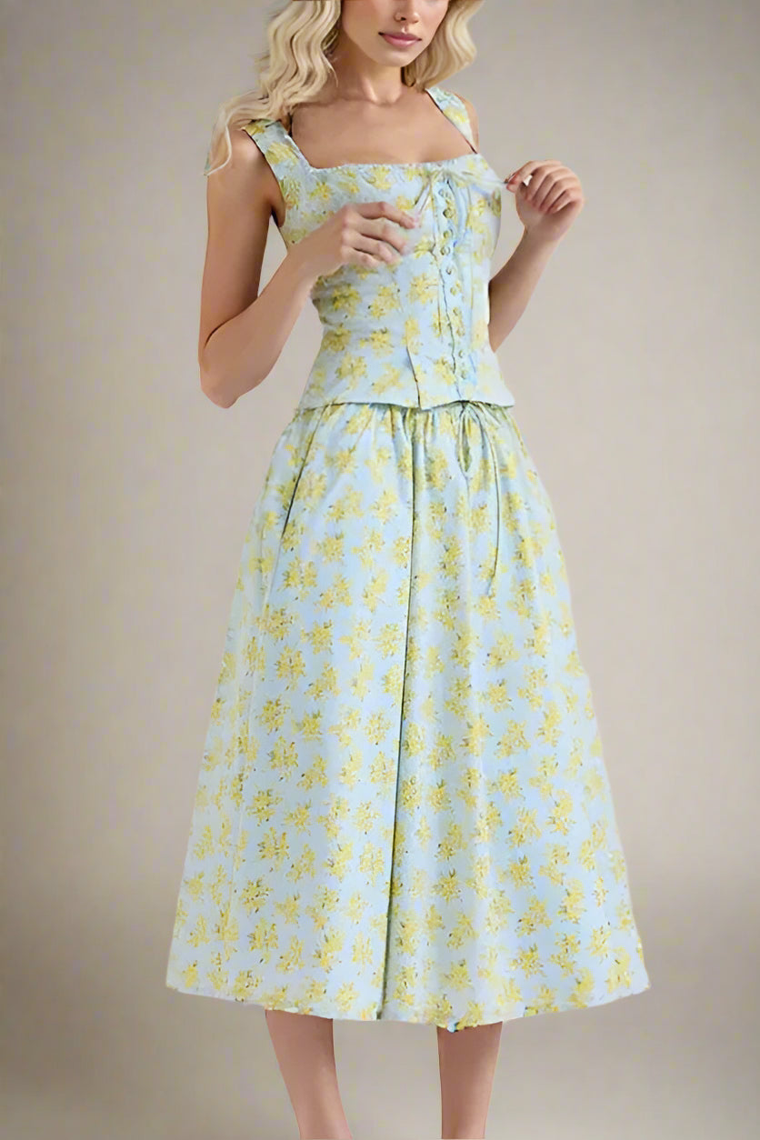 Woman wearing a figure flattering  Livia Top and Midi Skirt Set - Sky Blue BODYCON COLLECTION Pty Ltd