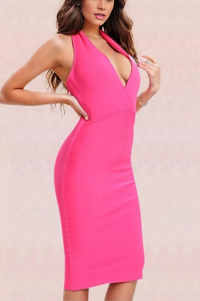 Woman wearing a figure flattering  London Bandage Dress - Hot Pink BODYCON COLLECTION