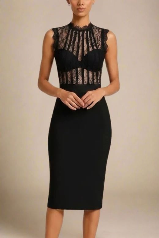 Woman wearing a figure flattering  Lori Bodycon Dress - Classic Black BODYCON COLLECTION Pty Ltd