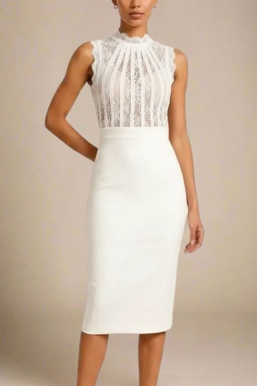 Woman wearing a figure flattering  Lori Bodycon Dress - White Pearl BODYCON COLLECTION Pty Ltd