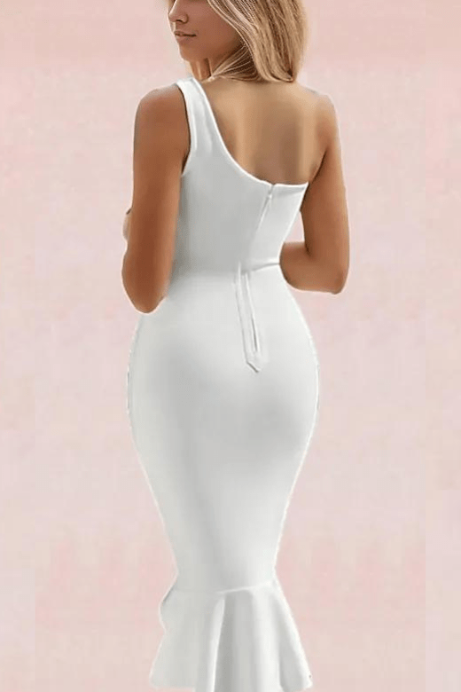 Woman wearing a figure flattering  Lucina Bandage Midi Dress - Pearl White BODYCON COLLECTION