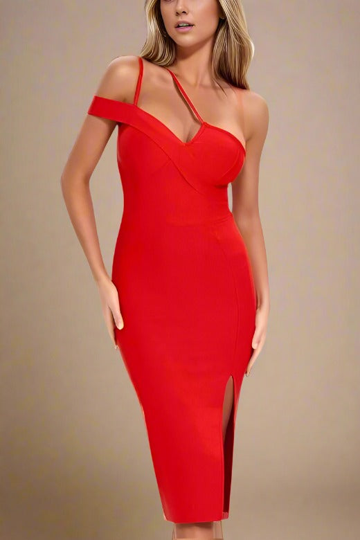 Woman wearing a figure flattering  Luna Bodycon Dress - Lipstick Red Bodycon Collection