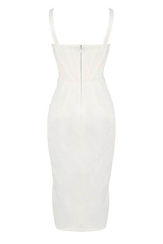 Woman wearing a figure flattering  Maddi Bodycon Dress - Pearl White BODYCON COLLECTION