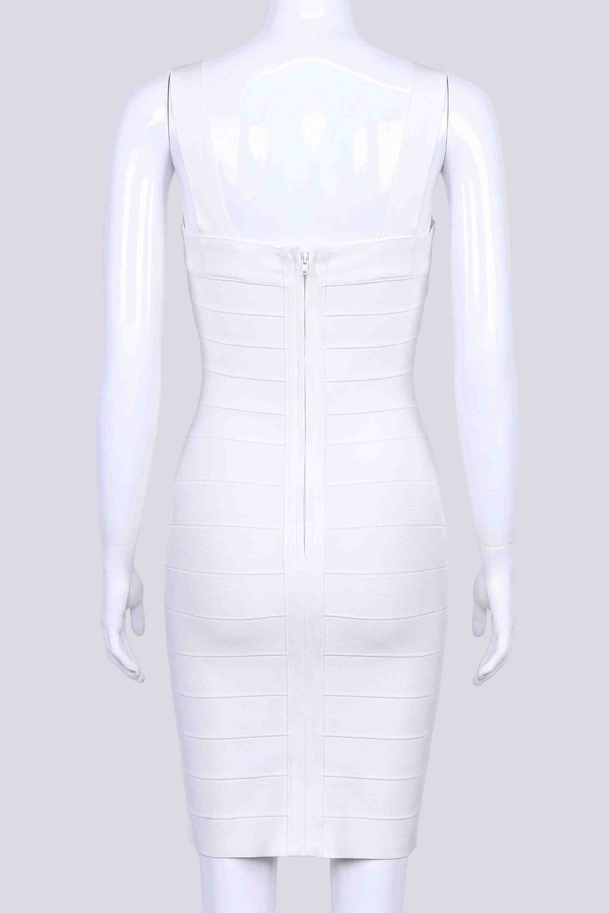 Woman wearing a figure flattering  Madelyn Bandage Mini Dress - White Pearl BODYCON COLLECTION Pty Ltd