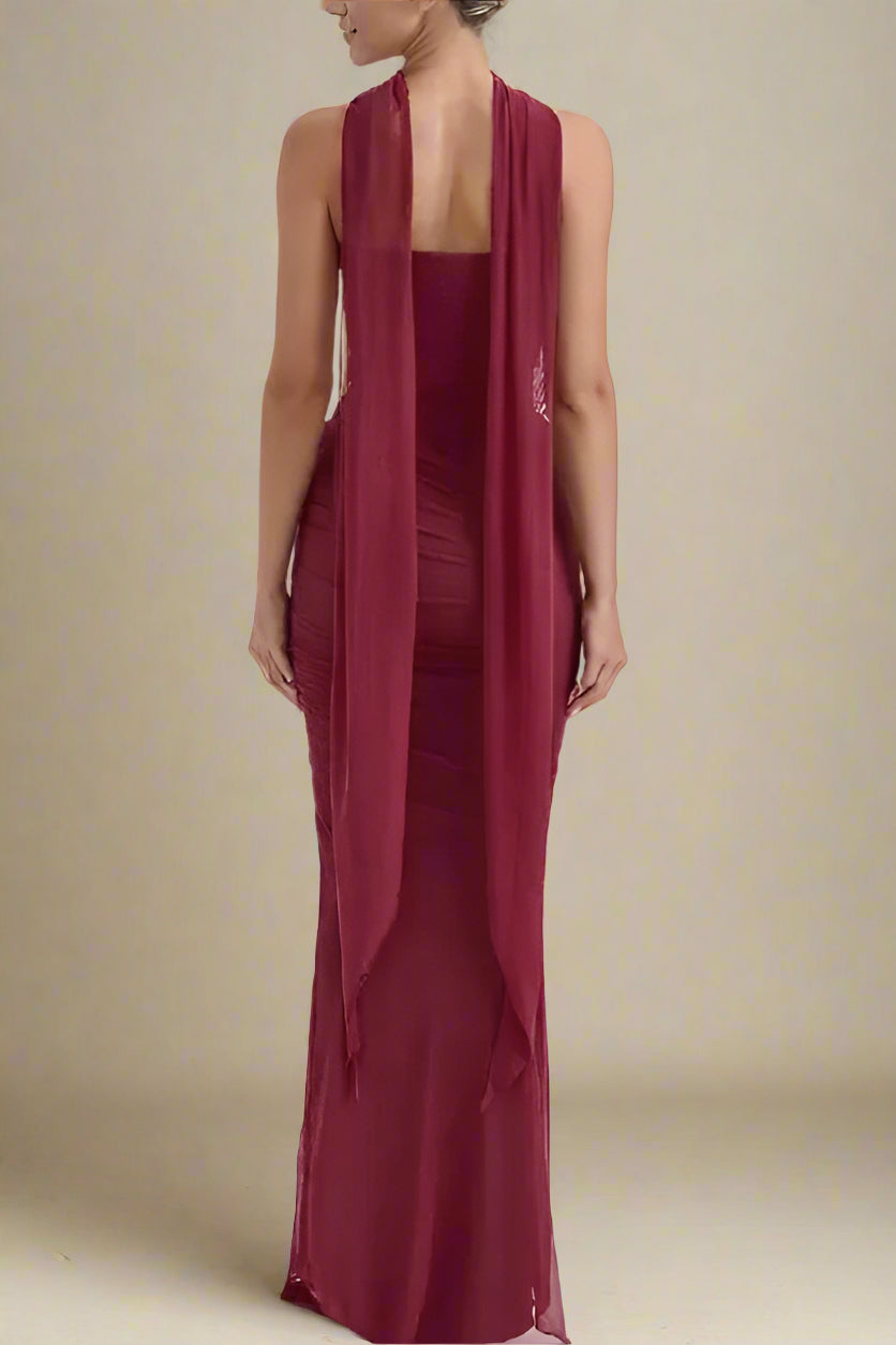 Woman wearing a figure flattering  Margot Wrap Top and Maxi Skirt Outfit Set - Red Wine BODYCON COLLECTION