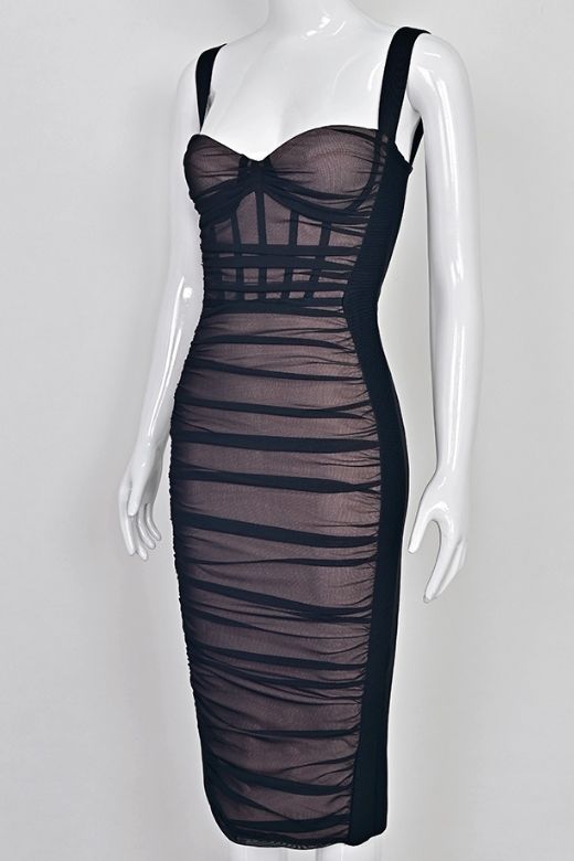 Woman wearing a figure flattering  Marilyn Bodycon Wrap Midi Dress - Classic Black BODYCON COLLECTION