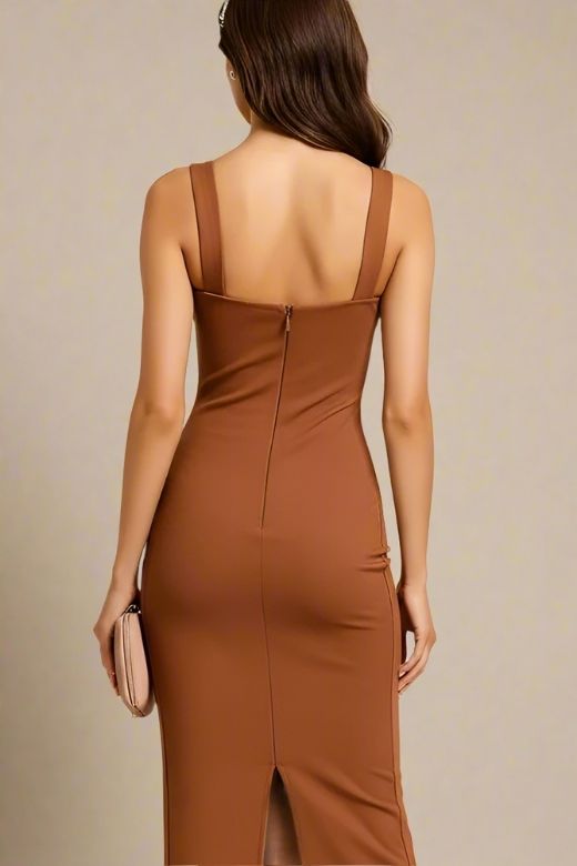Woman wearing a figure flattering  Marilyn Bodycon Wrap Midi Dress - Rustic Brown BODYCON COLLECTION
