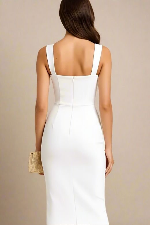 Woman wearing a figure flattering  Marilyn Bodycon Wrap Midi Dress - White Pearl BODYCON COLLECTION