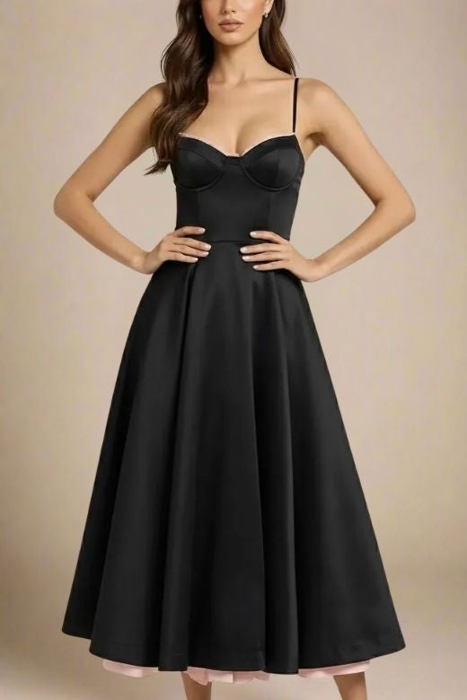 Woman wearing a figure flattering  Mavis Midi Dress - Classic Black BODYCON COLLECTION