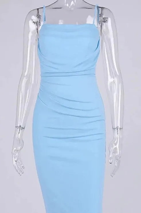 Woman wearing a figure flattering  Megan Bodycon Dress - Sky Blue BODYCON COLLECTION