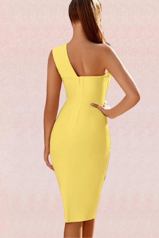 Woman wearing a figure flattering  Mel Bodycon Midi Dress - Sun Yellow BODYCON COLLECTION