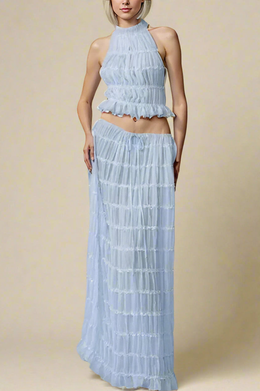 Woman wearing a figure flattering  Meryl Wrap Top and Maxi Skirt Set - Sky Blue BODYCON COLLECTION