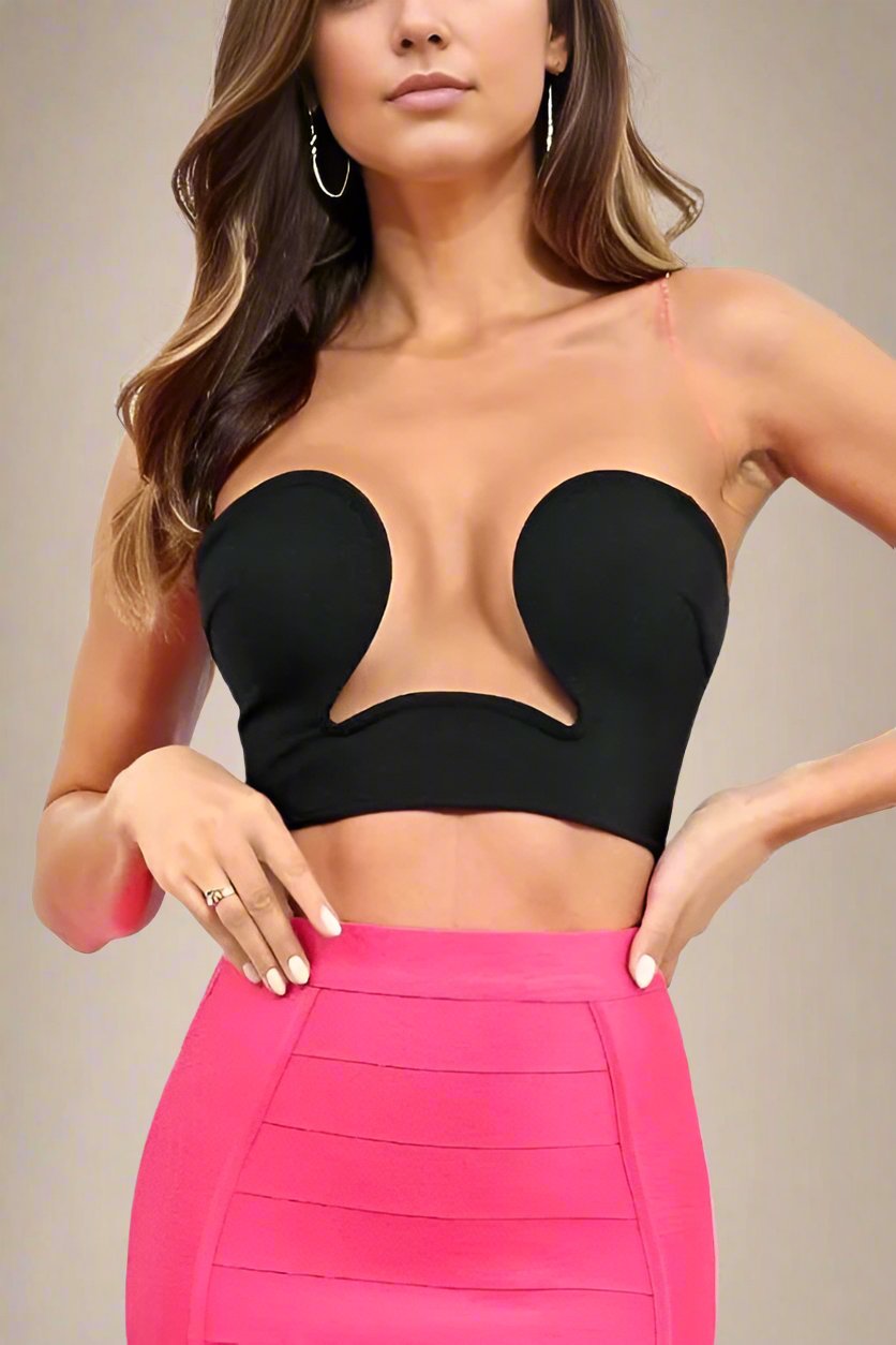 Woman wearing a figure flattering  Mika Bandage Crop Top - Classic Black BODYCON COLLECTION