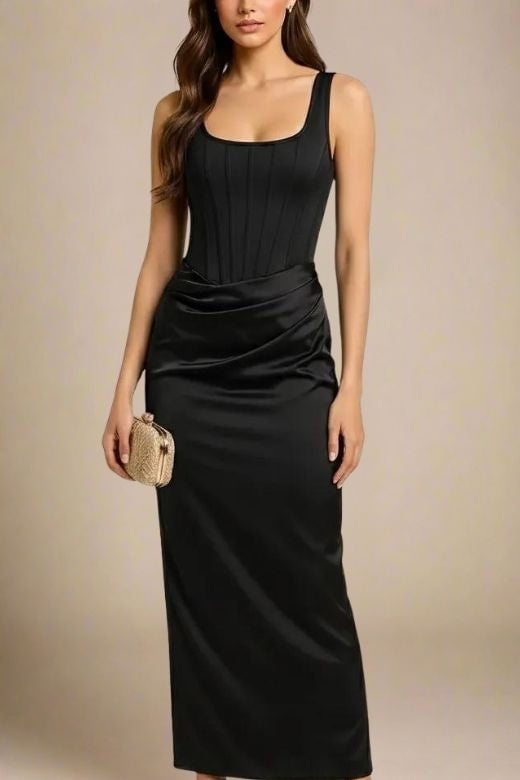 Woman wearing a figure flattering  Mila Bodycon Wrap Maxi Dress - Classic Black BODYCON COLLECTION Pty Ltd