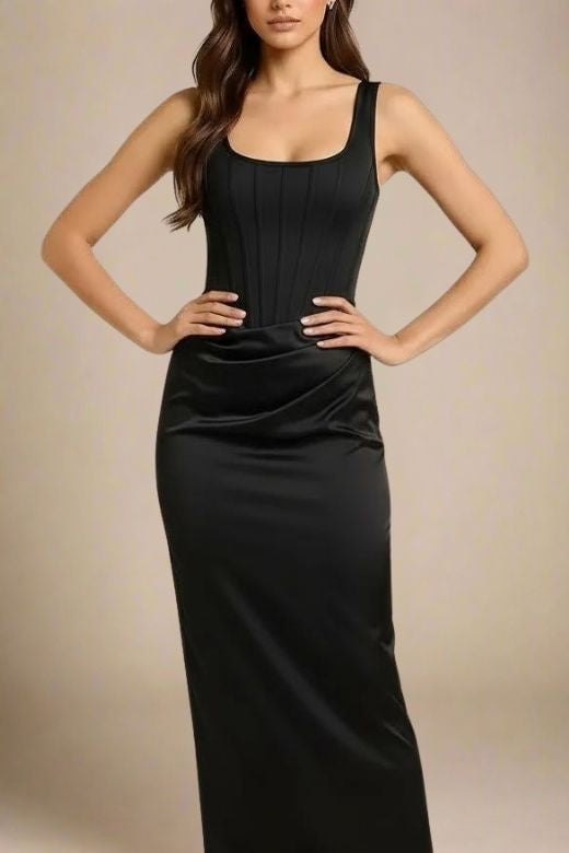 Woman wearing a figure flattering  Mila Bodycon Wrap Maxi Dress - Classic Black BODYCON COLLECTION Pty Ltd