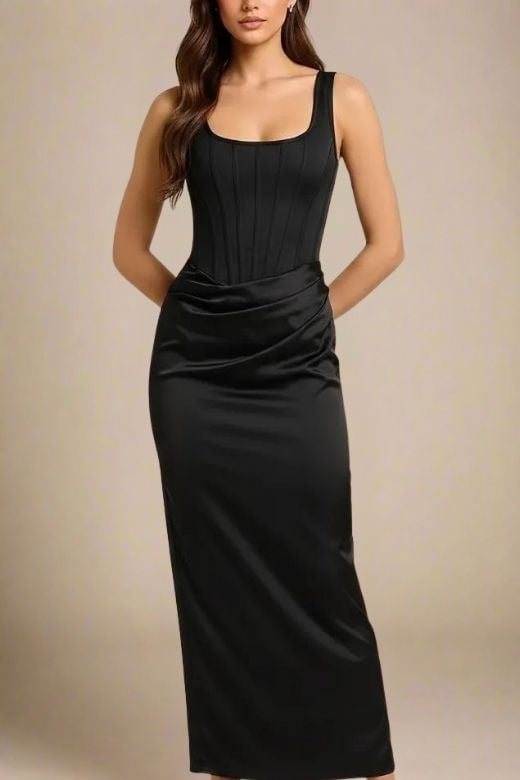 Woman wearing a figure flattering  Mila Bodycon Wrap Maxi Dress - Classic Black BODYCON COLLECTION Pty Ltd
