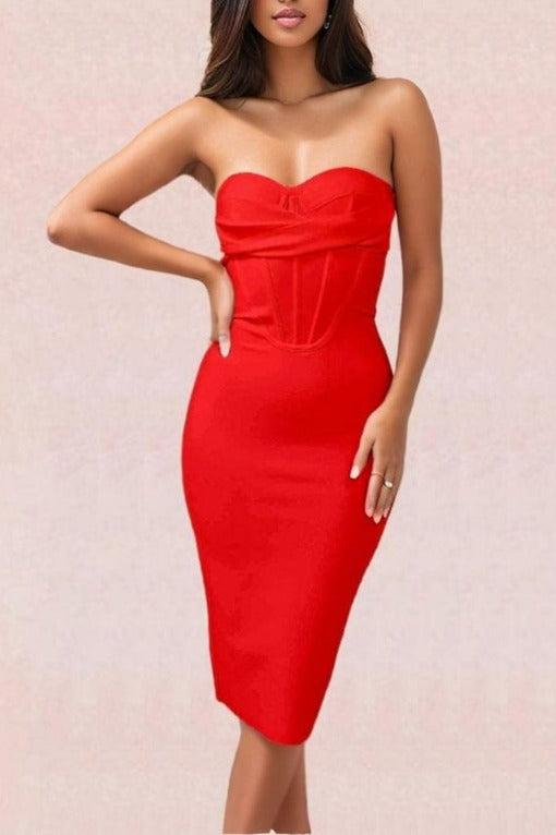 Woman wearing a figure flattering  Miles Bodycon Dress - Lipstick Red BODYCON COLLECTION