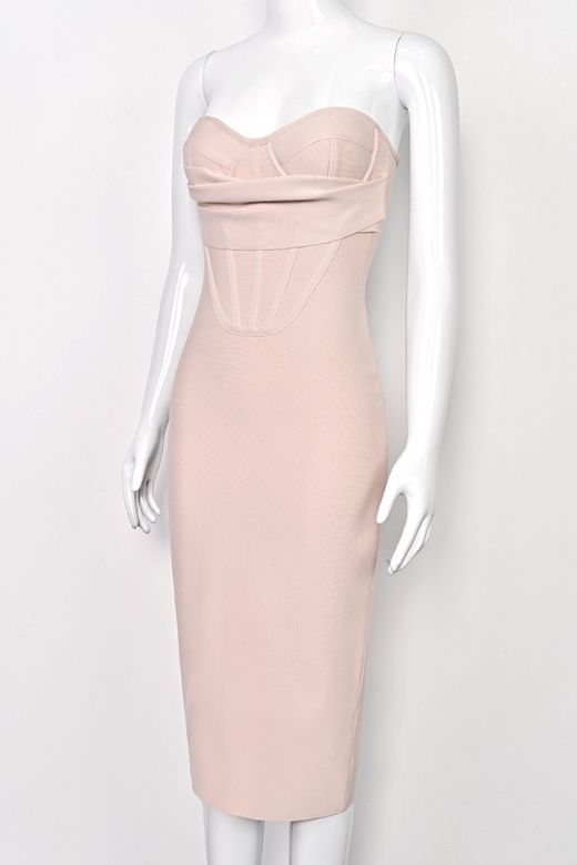 Woman wearing a figure flattering  Miles Bodycon Midi Dress - Nude BODYCON COLLECTION