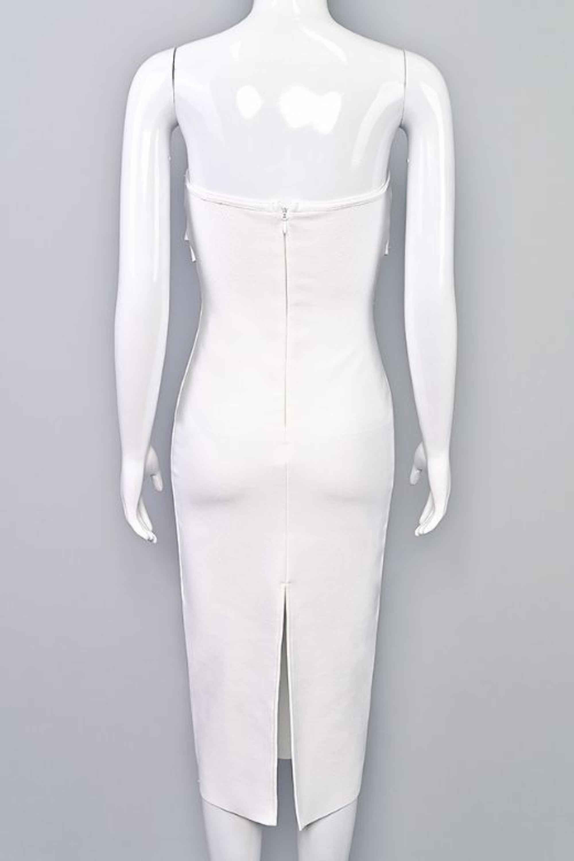 Woman wearing a figure flattering  Miles Bodycon Midi Dress - Pearl White BODYCON COLLECTION