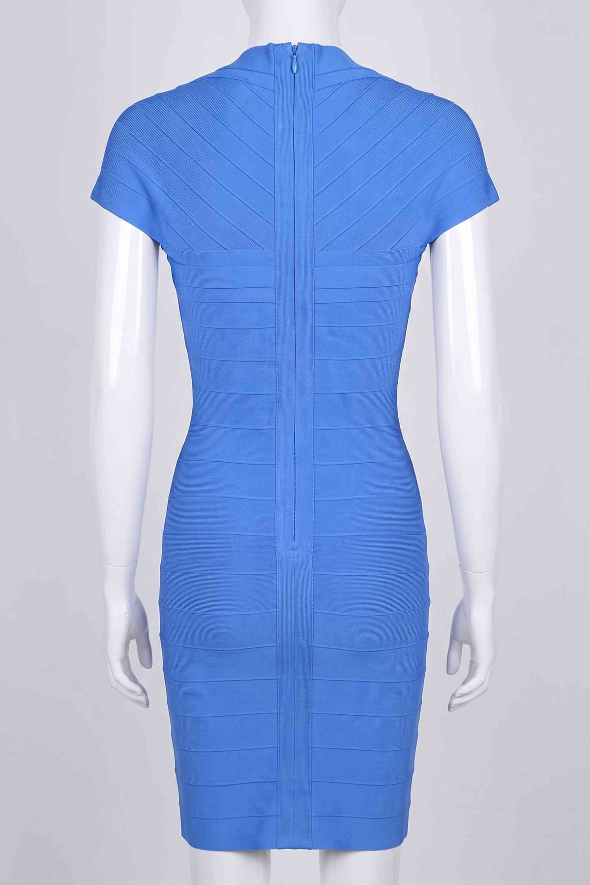 Woman wearing a figure flattering  Miranda Bandage Mini Dress - Royal Blue Bodycon Collection