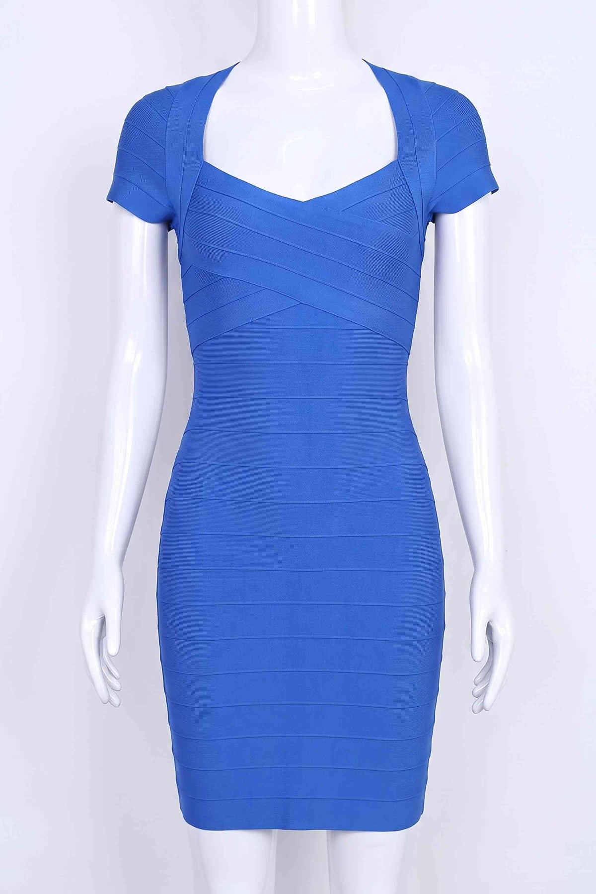 Woman wearing a figure flattering  Miranda Bandage Mini Dress - Royal Blue Bodycon Collection