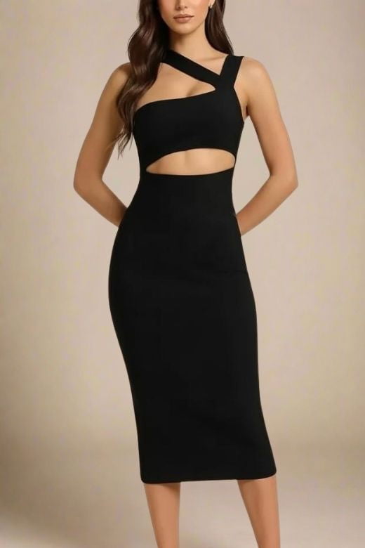 Woman wearing a figure flattering  Molly Bandage Midi Dress - Classic Black BODYCON COLLECTION