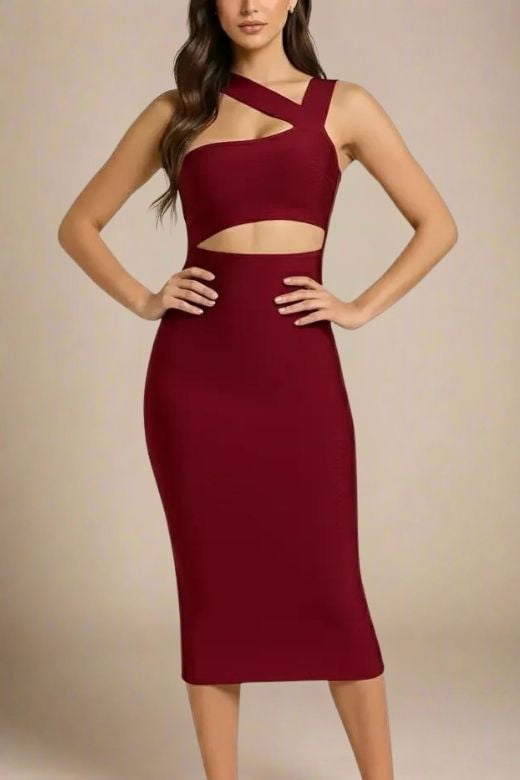 Woman wearing a figure flattering  Molly Bandage Midi Dress - Red Wine BODYCON COLLECTION