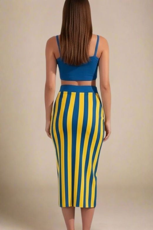 Woman wearing a figure flattering  Nadia Bandage Crop Top and Midi Skirt Outfit Set - Royal Blue BODYCON COLLECTION