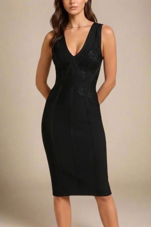 Woman wearing a figure flattering  Noa V Neck Bodycon Dress - Classic Black BODYCON COLLECTION