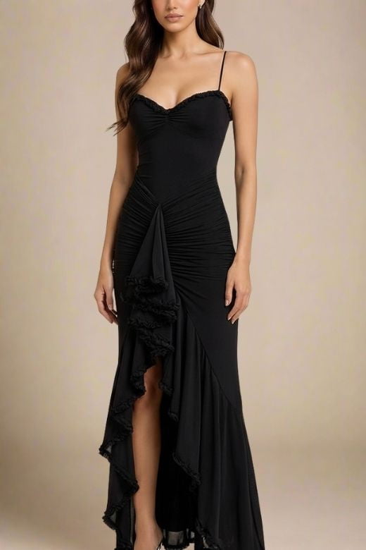 Woman wearing a figure flattering  Noah Bodycon Wrap Midi Dress- Classic Black BODYCON COLLECTION