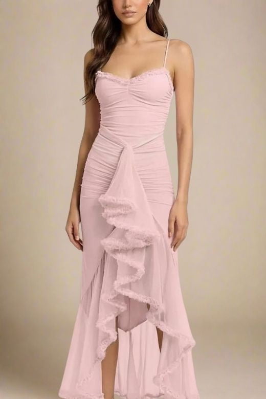 Woman wearing a figure flattering  Noah Bodycon Wrap Midi Dress- Dusty Pink BODYCON COLLECTION