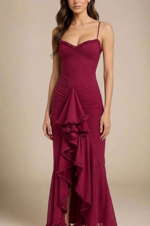 Woman wearing a figure flattering  Noah Bodycon Wrap Midi Dress- Red Wine BODYCON COLLECTION