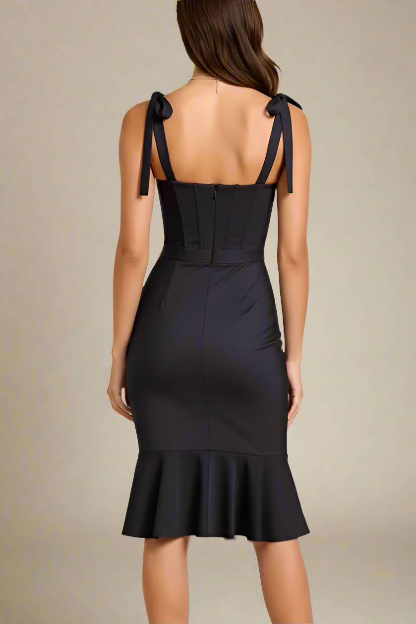 Woman wearing a figure flattering  Nora Bandage Midi Dress - Classic Black BODYCON COLLECTION
