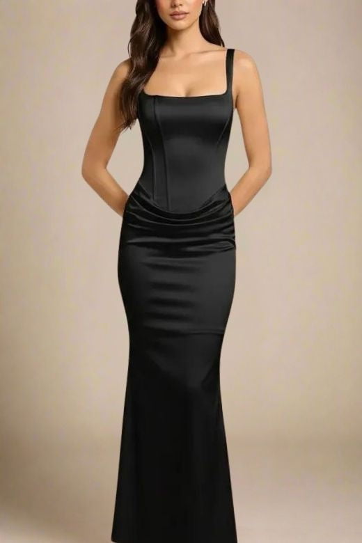 Woman wearing a figure flattering  Nova Bodycon Wrap Maxi Dress - Classic Black BODYCON COLLECTION Pty Ltd