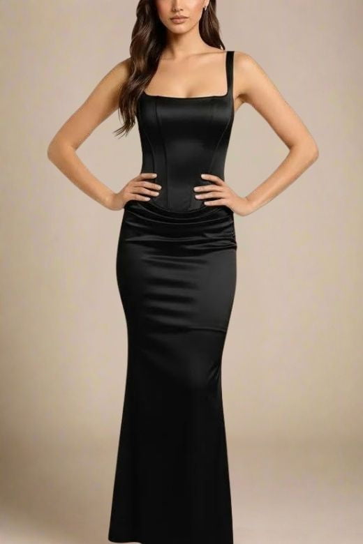 Woman wearing a figure flattering  Nova Bodycon Wrap Maxi Dress - Classic Black BODYCON COLLECTION Pty Ltd