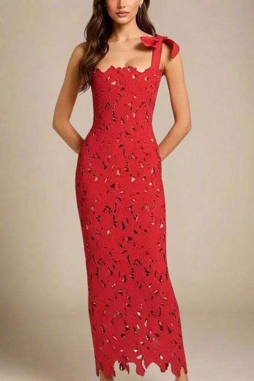 Woman wearing a figure flattering  Odette Bodycon Lace Maxi Dress - Lipstick Red BODYCON COLLECTION