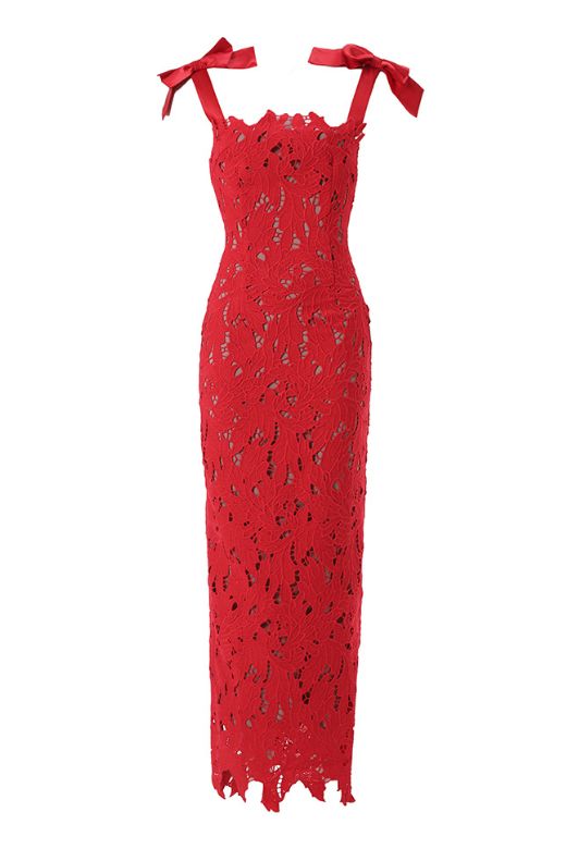 Woman wearing a figure flattering  Odette Bodycon Lace Maxi Dress - Lipstick Red BODYCON COLLECTION