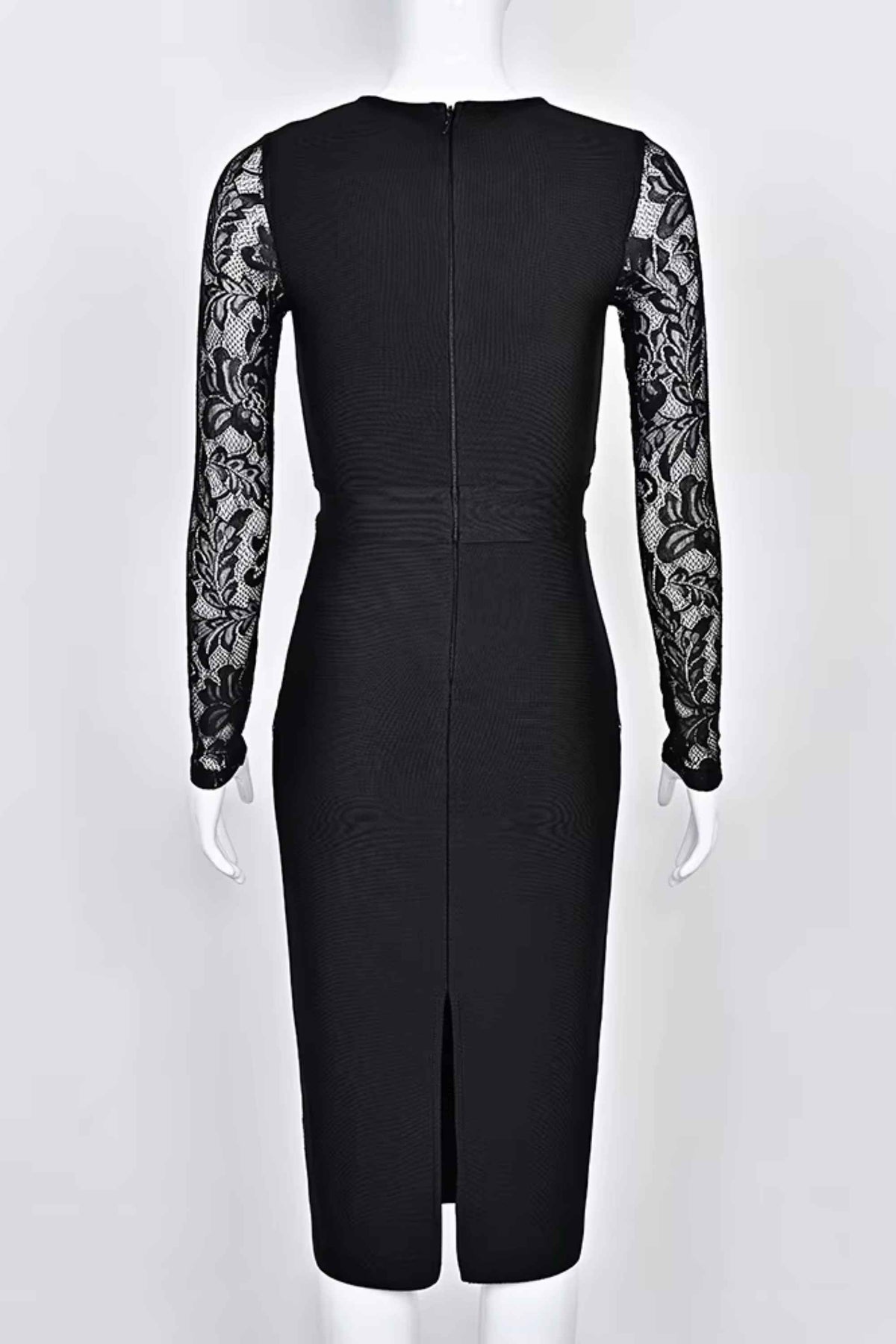 Woman wearing a figure flattering  Opal Long Sleeve Bodycon Dress - Classic Black BODYCON COLLECTION Pty Ltd