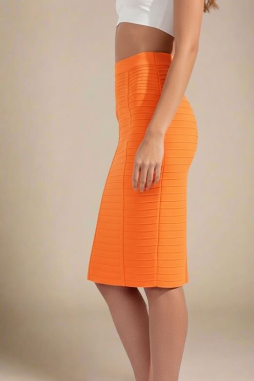 Woman wearing a figure flattering  Pencil High Waist Bandage Knee Length Knitted Skirt - Apricot Orange BODYCON COLLECTION