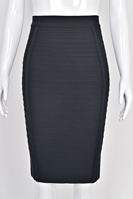 Woman wearing a figure flattering  Pencil High Waist Bandage Knee Length Knitted Skirt - Classic Black BODYCON COLLECTION